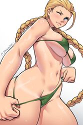 ahoge bikini bikini_pull bikini_tug blonde_hair blue_eyes blush braid breasts cammy_white cleavage clothes_pull dracksart female highres large_breasts long_hair navel one_eye_closed scar solo street_fighter sweat swimsuit tan tanline thighs thong_bikini twin_braids rating:Questionable score:168 user:GelbooruAlt