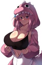 1girls absurd_res black_bra blue_eyes blush bocchi_the_rock! bra breasts cleavage closed_mouth collarbone dinosaur dinosaur_costume gotou_hitori highres hinghoi hood hood_up large_breasts long_hair looking_at_viewer navel onesie partially_undressed pink_hair side_ahoge simple_background solo sweat underwear unzipping white_background rating:Questionable score:214 user:ch4un