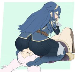 2girls ass ass_on_face blue_background blue_eyes blue_hair brown_eyes facesitting female female_only fire_emblem fire_emblem_awakening hairband looking_back lucina_(fire_emblem) nintendo protorepulsive rear_view repulsiveproto robin_(fire_emblem) robin_(fire_emblem)_(female) white_hair yuri rating:Questionable score:63 user:anon84048