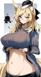 1girls 2023 animal_ear_fluff animal_ears arknights belly belly_button big_breasts blonde_hair blue_eyes breasts cleavage gin_moku hat hi_res horse_ears horse_tail light-skinned_female light_skin long_hair simple_background solo standing sweater sweater_lift tail whislash_(arknights) rating:Questionable score:69 user:MatTheV24-7