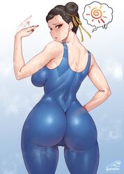 1girls ass ass_focus bare_shoulders blush breasts brown_eyes brown_hair cameltoe capcom chun-li double_bun earrings fanning fanning_self female from_behind gonster gradient_background hair_bun heat highres jewelry large_breasts leotard looking_at_viewer looking_back short_hair solo street_fighter street_fighter_6 sweat thick_thighs thighs rating:Questionable score:253 user:Winterslam