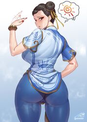 1girls ass blush bracelet breasts brown_eyes brown_hair cameltoe capcom china_dress chinese_clothes chun-li double_bun dress earrings fanning fanning_self female gonster gradient_background hair_bun heat highres jewelry large_breasts looking_at_viewer looking_back short_hair signature solo street_fighter street_fighter_6 sweat thick_thighs thighs rating:Questionable score:173 user:Winterslam