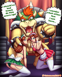 1boy 2girls ass bikini bikini_skirt bikini_top bowser breasts brown_hair comic fellatio female genderswap_(mtf) green_bikini green_bikini_top indoors licking_penis long_hair luigi maid maid_headdress maid_outfit maid_uniform male mario mario_(series) miniskirt multiple_girls navel new_super_mario_bros. penis pimp red_bikini red_bikini_top reit reit9 rule_63 sitting spiked_collar tagme teamwork testicles thighhighs white_thighhighs rating:Explicit score:86 user:WhyBob