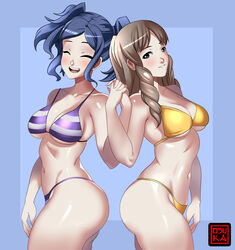 2girls alternate_costume artist_logo bikini blank_background blue_hair blush brown_hair cleavage cynthia_(fire_emblem) female female_only fire_emblem fire_emblem_awakening gold_bikini hand_holding holding_hands looking_at_viewer medium_breasts mother_and_daughter multiple_girls nintendo osuka purple_bikini purple_swimsuit shiny_skin smile striped_bikini sumia_(fire_emblem) thick_thighs twin_drills twintails underboob yellow_bikini yellow_swimsuit rating:Questionable score:30 user:Pega-Pony