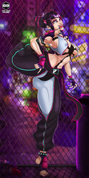 1girls bent_leg black_hair capcom female female_only flexible foot_fetish foot_play hair_horns juri_han looking_at_viewer nipple_bulge nipple_piercing sirbanshee smiling smiling_at_viewer solo standing_on_one_leg street_fighter street_fighter_6 thick_thighs tiptoes tongue_out rating:Questionable score:35 user:!nner$elf89