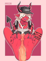 1girls cap clothing cum cumshot demon demon_girl demon_horns desdemona_(fortnite) dick feet feet_on_penis female foot_fetish footjob fortnite horn nails overalls penis penis_grab pointy_ears pointy_nails red_body red_toenails sharp_nails sitting soles tattoo toes vesna_art rating:Explicit score:126 user:Vesna_art