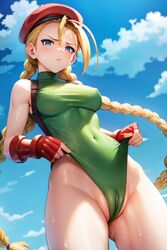 1girls ai_generated angry blonde_hair blue_eyes cameltoe cammy_white capcom covered_nipples female female_only fingerless_gloves from_below leotard long_hair looking_at_viewer pout pussy raight21 solo stable_diffusion street_fighter sweat thighs tight_clothing rating:Explicit score:150 user:Raight21