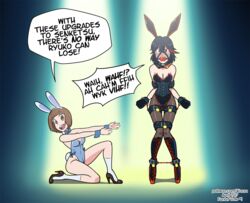 2girls alternate_costume ball_gag ballet_boots ballet_heels blush bondage bondage_gear bondage_mittens bound bunny_ears bunnysuit collar cuff_(restraint) embarrassed_female english_text female female_only femsub fishnets gag gagged gagged_speech harness_ball_gag harness_gag high_heels kill_la_kill legs_tied_together mankanshoku_mako matoi_ryuuko mittens padlock posture_collar restraints senketsu text wossarem rating:Explicit score:168 user:jamesser19