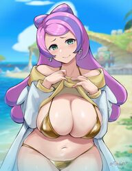 1girls artsheops beach bikini breasts female female_only gold_bikini green_eyes huge_breasts long_hair looking_at_viewer miriam_(pokemon) naughty_face nintendo outdoors pokemon pokemon_sv purple_hair smile solo thick_thighs voluptuous wide_hips rating:Questionable score:144 user:Aeolus_HX