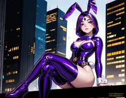 ai_generated black_leotard black_thighhighs breasts bunnysuit cape city dc dc_comics female fluffymammoth forehead_jewel highleg highleg_leotard latex leotard lips looking_at_viewer purple_eyes purple_hair rachel_roth raven_(dc) short_hair solo teen_titans thighhighs rating:Questionable score:121 user:FluffyMam