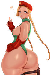 1girls armwear ass blonde_hair blue_eyes cammy_white capcom edited female female_only hand_on_hip hat hi_res leotard long_hair looking_at_viewer looking_back looking_back_at_viewer scar scar_on_face smiling smiling_at_viewer solo sren244 street_fighter thick_ass thick_thighs thong_leotard twin_braids v_sign white_background rating:Questionable score:113 user:!nner$elf89