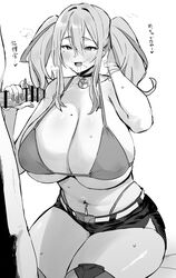 1boy absurdres after_fellatio after_oral azur_lane bar_censor bare_arms bare_shoulders blush bracelet breasts bremerton_(azur_lane) censored cleavage female highres hotate-chan japanese_text jewelry micro_shorts mole mole_on_breast mole_under_eye monochrome navel_piercing open_mouth penis piercing saliva saliva_trail shorts smile solo_focus text thighs translated twintails underboob rating:Explicit score:74 user:bot