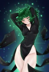  1girls 2023 arms_behind_head artist_name dress female female_only green_eyes green_hair hi_res looking_at_viewer morineko one-punch_man solo tatsumaki  rating:questionable score: user:!nner$elf89