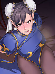 arms_behind_back bed black_eyes black_hair blush bound breasts chinese_clothes chun-li double_bun earrings female heavy_breathing hentaix highres imminent_rape large_breasts legs looking_at_viewer open_mouth pantyhose puffy_sleeves restrained short_sleeves sitting solo street_fighter thighs tied_up rating:Questionable score:94 user:Helltwoyou