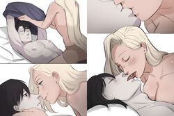 1boy 1girls absurdres bare_shoulders black_hair blonde_hair blue_eyes boruto:_naruto_next_generations breasts canon_couple clothes_lift couple french_kiss hair_between_eyes hair_over_one_eye highres husband_and_wife imminent_kiss ino_yamanaka kissing large_areolae large_breasts long_hair monday_mint naruto naruto:_the_last naruto_(series) navel nipples orange_clothes pale_skin pecs pectorals purple_clothing purple_shirt sai shirt shirt_lift shorts simple_background smile straight thick_lips toned toned_male tongue tongue_out undressing white_background rating:Explicit score:148 user:Bvxzv