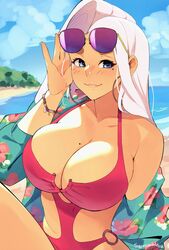 1girls :3 bare_shoulders beach big_breasts blue_eyes blush bracelet breasts chest cleavage collarbone earrings female female_only glasses half-closed_eyes hand_up highres june_(squeezable) large_breasts lifting_sunglasses lips long_hair looking_at_viewer mole mole_on_breast mole_under_eye o-ring one-piece_swimsuit outdoors outside push-up red_swimsuit sky smile smug solo squeezable sunglasses sunglasses_on_head swimsuit tanned tanned_skin tight_clothing white_hair rating:Questionable score:217 user:Mivaza