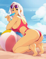 1girls anklet arms ass bare_shoulders barefoot beach beach_ball blush earrings feet female female_only half-closed_eyes highres june_(squeezable) kneeling legs licking_popsicle long_hair looking_at_viewer mole mole_under_eye nail_polish o-ring one-piece_swimsuit open_mouth open_smile outdoors outside popsicle red_swimsuit sexually_suggestive sideboob sky smile solo squeezable sunglasses sunglasses_on_head swimsuit tanned tanned_skin thick_thighs thighs tiptoes white_hair yellow_nails rating:Questionable score:247 user:Mivaza