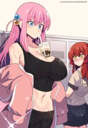 big_breasts blush bocchi_the_rock! bubble_tea checking_out color drink_on_breasts female_only glistening gotou_hitori hinghoi implied_yuri kita_ikuyo locker_room midriff pink_hair school_uniform sweaty_body sweaty_breasts tank_top toned_belly toned_female toned_stomach unaware rating:Questionable score:311 user:Shootymcface