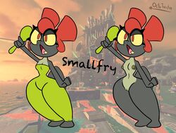 anthro areola bodysuit breasts clothed clothing cutlery eyelashes female genitals green_areola green_nipples hair hi_res octo_toaster salmonid smallfry_(splatoon) splatoon rating:Explicit score:22 user:bot