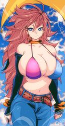 android_21 android_21_(human) bikini_top blue_eyes bracelets breast_squish brown_hair dragon_ball dragon_ball_fighterz earrings huge_breasts jeans long_hair looking_at_viewer multicolored_bikini omochi_db thick_thighs voluptuous vomi_(dragon_ball) rating:Explicit score:90 user:Shootymcface