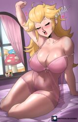 1girls alternate_version_available bedroom blonde_hair blue_eyes breasts echosaber female female_only hi_res hips huge_breasts indoors light-skinned_female light_skin lingerie long_hair mario_(series) mushroom nintendo pink_lingerie princess_peach slim_waist stretching super_mario_bros. thick_thighs thighs waking_up wholesome wide_hips yawn yawning rating:Explicit score:375 user:N33dForBr33d