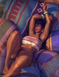 barefoot black_hair bottomless brown_eyes brown_skin chel chel_(the_road_to_el_dorado) dark-skinned_female dark_skin krysdecker looking_at_viewer pubic_hair pussy the_road_to_el_dorado vagina rating:Explicit score:143 user:acds