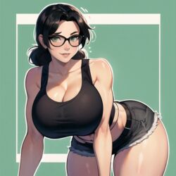 ai_generated big_breasts black_hair black_shorts black_tank_top cixf glasses huge_breasts miss_pauling team_fortress_2 tf2 thick_thighs rating:Explicit score:84 user:cixf