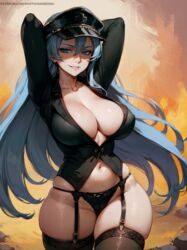 1girls ai_assisted ai_generated akame_ga_kill! blue_hair curvy_body curvy_female curvy_figure erotic_nansensu esdeath_(akame_ga_kill!) female_focus female_only garter_straps huge_breasts long_hair military_hat solo_female stable_diffusion voluptuous voluptuous_female rating:Questionable score:213 user:Dragon98