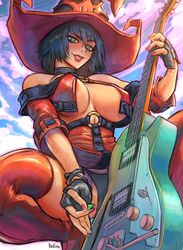 1girls areola_slip cleavage clothed debirudude guilty_gear guitar hat i-no large_breasts short_hair sky solo squatting thighhighs upskirt rating:Questionable score:54 user:preferred