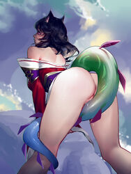 1girls 9_tails ahri animal_ears ass bare_shoulders bent_over black_hair dat_ass detached_sleeves disguise dripping facial_mark feet_out_of_frame female female_focus female_only fox_ears highres hua_zhong_yu korean_clothes kumiho league_of_legends long_hair neeko nine_tailed_fox no_panties off_shoulder pussy pussy_juice pussy_juice_drip riot_games shapeshifter shiny_skin solo solo_female solo_focus tail thick thick_ass thick_thighs thighs vastaya rating:Explicit score:263 user:bot