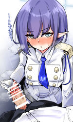 1boy 1girls aoi_(blue_archive) bar_censor blue_archive blue_eyes blue_hair blue_necktie blush censored collared_jacket erection female general_student_council_(blue_archive) glovejob gloves hair_between_eyes handjob highres jacket light-skinned_female light-skinned_male light_skin long_sleeves looking_at_viewer machismo_fuji mole mole_under_eye necktie nose_blush penis penis_in_glove pointy_ears pov skirt solo_focus straight translation_request white_gloves white_jacket white_skirt rating:Explicit score:40 user:bot