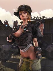 3d alternate_version_available blender borderlands borderlands_3 brown_hair clothed disgusted flashing flashing_breasts flashing_pussy moze_(borderlands) pubic_hair rekkakun soldier tasteful_nudity rating:Explicit score:47 user:Rekkakun