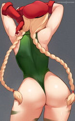 1girls armwear ass ass_focus back back_view beret big_ass blonde_hair braid braided_hair braids cammy_white capcom clothing dat_ass female female_only gauntlets green_leotard hair hat headgear hioyami hips huge_ass leotard solo solo_female street_fighter thighs thong_leotard rating:Explicit score:161 user:daft_human