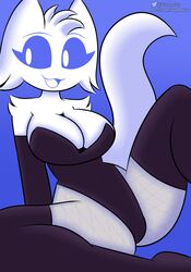 :3 animal_ears animal_tail anthro anthrofied armwear belly_button big_breasts black_clothing black_legwear blue_background blue_eyes blue_mouth cleavage clyde_(discord) discord discord_(app) euphorica fishnet_legwear fishnet_stockings fishnets fur furry furry_only furry_tail gloves happy leotard shoulder_gloves spread_legs thighhighs white_body white_fur white_skin rating:Explicit score:258 user:SomGuyIg