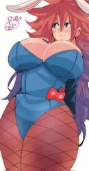 android_21 android_21_(human) arc_system_works bandai_namco big_breasts black_nails blue_eyes blush brown_hair bunny_ears bunny_girl bunnysuit dragon_ball dragon_ball_fighterz ear_piercing earrings fishnets gold_jewelry long_hair omochi_db red_ribbon vomi_(dragon_ball) rating:Questionable score:90 user:OmegaIX