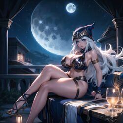 ai_generated ashe_(league_of_legends) bare_legs bare_shoulders big_breasts cixf high_heels huge_breasts league_of_legends night riot_games sitting stars thick_thighs white_hair rating:Explicit score:102 user:cixf