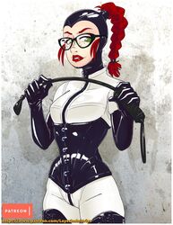 black_corset black_latex braided_hair commander_rab corset female femdom glasses green_eyes horse_crop kat_(layerindustries) latex latex_gloves layerindustries opera_gloves red_hair red_lips riding_crop shiny whip white_latex rating:Questionable score:21 user:bootsnkisses