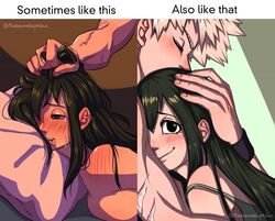 1boy 1girls after_sex aftercare ahe_gao asui_tsuyu bakugou_katsuki blush cuddling embrace embracing english_text face_down face_in_pillow female femsub green_hair hair_grab hair_pull hand_on_head hugging implied_sex katsuki_bakugou liliethblum male maledom meme messy_hair my_hero_academia saliva sex sideboob smelling_hair sometimes_like_this_also_like_that spiky_hair straight text tsuyu_asui wholesome rating:Explicit score:284 user:imright