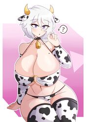 1girls blue_eyes cow_horns cow_print cow_print_armwear cow_print_bikini cow_print_thighhighs cowbell dankestsin detached_sleeves eyebrows_visible_through_hair faust_(limbus_company) huge_breasts large_breasts limbus_company navel project_moon thick_thighs white_hair wide_hips rating:Questionable score:91 user:EdenPlum788