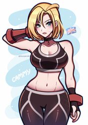 2023 artist_name blonde_hair blue_eyes cammy_white capcom character_name choker clothing female fingerless_gloves fit_female gauntlets hourglass_figure pale_skin scar scar_on_cheek short_blonde_hair short_hair solo solo_female sports_bra street_fighter street_fighter_6 thick_thighs tight_clothing touyarokii union_jack wide_hips yoga_pants rating:Questionable score:60 user:Jpizza