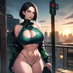 ai_generated big_breasts cixf half_naked huge_breasts riot_games rooftop thick_thighs valorant viper_(valorant) rating:Explicit score:77 user:cixf