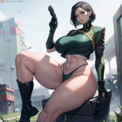 ai_generated big_breasts cixf dark_hair green_eyes half_naked huge_breasts riot_games short_hair sitting thick_thighs valorant viper_(valorant) rating:Explicit score:112 user:cixf