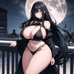 ai_generated big_breasts bikini black_hair cixf green_eyes huge_breasts long_hair original_character thick_thighs rating:Explicit score:45 user:cixf