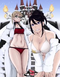 ass beige_bikini beige_bikini_bottom beige_bikini_top big_breasts bikini bikini_bottom bikini_top breasts coat coat_of_arms coat_on_shoulders fur_coat glasses green_eyes hand_on_knee hand_on_knees hand_on_leg huge_breasts jacket large_breasts looking_at_viewer looking_back maka_albarn mobi_mobi nakatsukasa_tsubaki navel one-piece_swimsuit pale-skinned_female pale_skin ponytail red_bikini red_bikini_bottom red_bikini_top small_breasts smile smiling smiling_at_viewer soul_eater swimsuit wide_hips rating:Explicit score:72 user:luaciano_96369