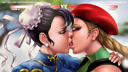 2girls black_hair blonde_hair cammy_white chun-li closed_eyes coffeebeanbrush drooling eyelashes female female_only kissing making_out milf street_fighter tongue tongue_out tongue_wrap yuri rating:Questionable score:89 user:HornyMommyRP