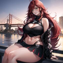 ai_generated bare_legs bare_shoulders big_breasts bridge cixf cleavage_cutout crop_top green_eyes huge_breasts katarina_du_couteau league_of_legends legs light_smile miniskirt open_jacket pleated_skirt red_hair riot_games skirt smirk thick_thighs rating:Explicit score:55 user:cixf