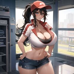 2020s 2023 adult adult_girl ai_generated anime big_breasts big_thighs blue_bottomwear breasts brown_hair busty cap cixf cleavage cleavage_cutout crop_top daisy_dukes denim_shorts exposed_belly front_view hands_on_hips huge_breasts league_of_legends light-skinned_female light_skin long_hair manga midriff one_leg_raised pizza_delivery_sivir ponytail ponytails riot_games shiny_breasts shiny_hair shiny_skin shoes shorts sitting sivir snapback sneakers standing thick_thighs thighs tomboy top_heavy two_tone_footwear two_tone_footwear_(blackandwhite) two_tone_headwear two_tone_headwear_(redandwhite) rating:Explicit score:83 user:cixf