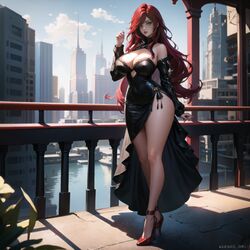 1girls ai_generated cixf cleavage dress female_only green_eyes high_heels huge_breasts katarina_du_couteau league_of_legends light-skinned_female long_hair night red_hair riot_games solo_female thick_thighs wide_hips rating:Explicit score:73 user:cixf