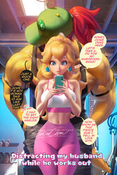 1boy 1girls bowser cap couple dialogue english_text female gym gym_clothes indoors interspecies leggings male mario_(series) nintendo non-canon princess_peach sakimichan speech_bubble sports_bra sportswear standing text rating:Safe score:197 user:Myfapacc