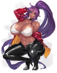 1girls 2023 2d 2d_(artwork) anzu_(original_character) athletic athletic_female big_breasts big_thighs black_pants blue_eyes bra breasts busty cleavage collar dark-skinned_female dark_skin female female_focus female_only fit_female gurimjang hi_res highres hips hourglass_figure huge_breasts large_breasts large_thighs leather_clothing leather_jacket leather_pants long_hair midriff muscular muscular_female navel original original_character purple_hair red_jacket smile smiling smiling_at_viewer solo solo_female solo_focus spiked_collar thick_thighs thighs unbuttoned very_long_hair voluptuous white_bra wide_hips rating:Explicit score:60 user:WinnebagoMusket